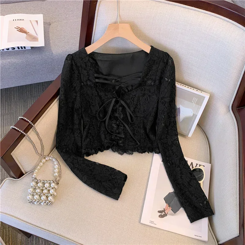 

Sweet Square Collar White Lace-Up Shirt Elegant Long Sleeve Lace Blouse Women Clothes Autumn New Loose Crochet Hollow Tops 29896