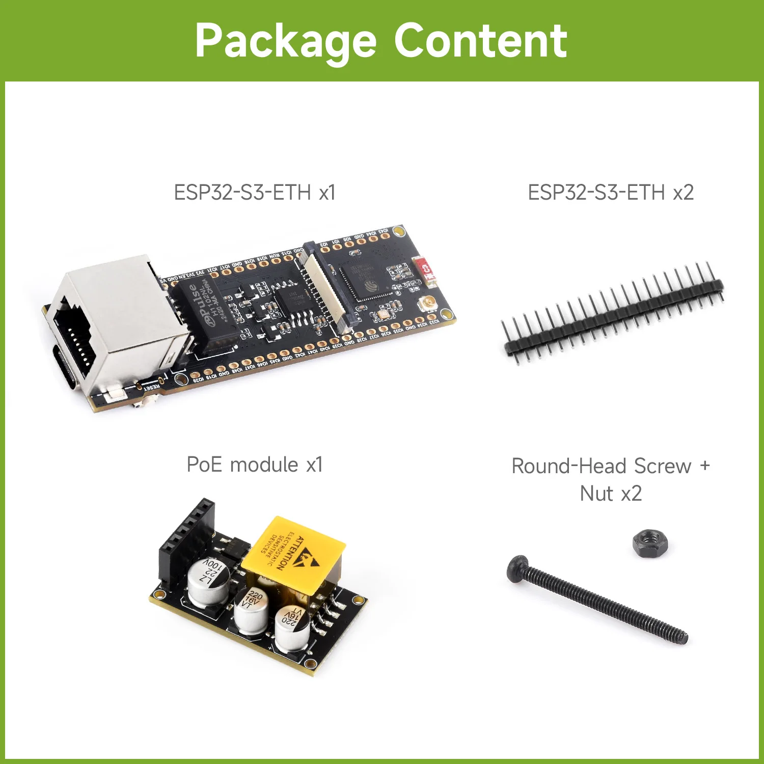 ตัวเลือกสินค้า บอร์ดพัฒนา Waveshare ESP32-S3 ETH, ตัวเลือกเสริมสำหรับโมดูล PoE และโมดูลกล้อง, ช่องใส่การ์ด TF ในตัว, อินเทอร์เฟซกล้อง