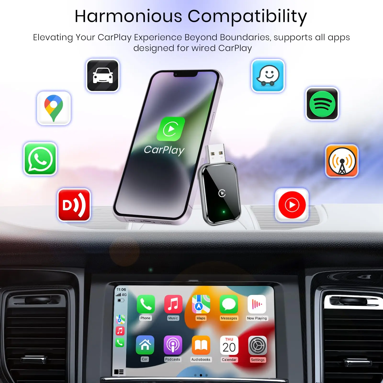 Wireless CarPlay Adapter for iPhone, Convert Wired to Wireless Apple CarPlay Adapter, Mini Size with Extension Cable USB & USB-C
