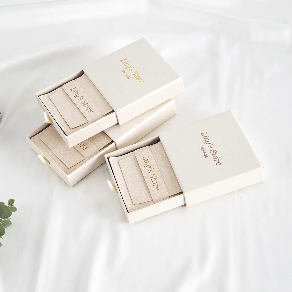 24/50/100Sets Custom Logo 9x9x2.5cm Jewelry Drawer Box 8x8cm Microfiber Strip Bags Can Debossed Logo For Earrings Rings Necklace
