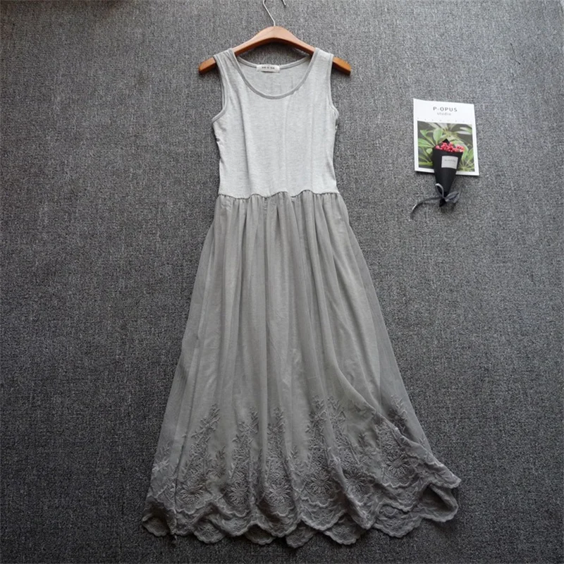 

New Summer Sweet Sleeveless Embroidery Tank Dress Women Modal Lace Spaghetti Strap Dresses Ladies A Line Large Hem Long Vestidos