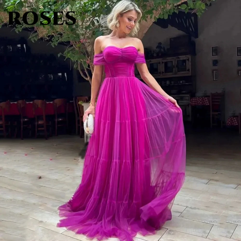 

ROSES Fuchsia Party Dress Sweetheart A-Line فستان سهرة Off The Shoulder Layered Tulle Evening Dresses Floor Length Prom Dress