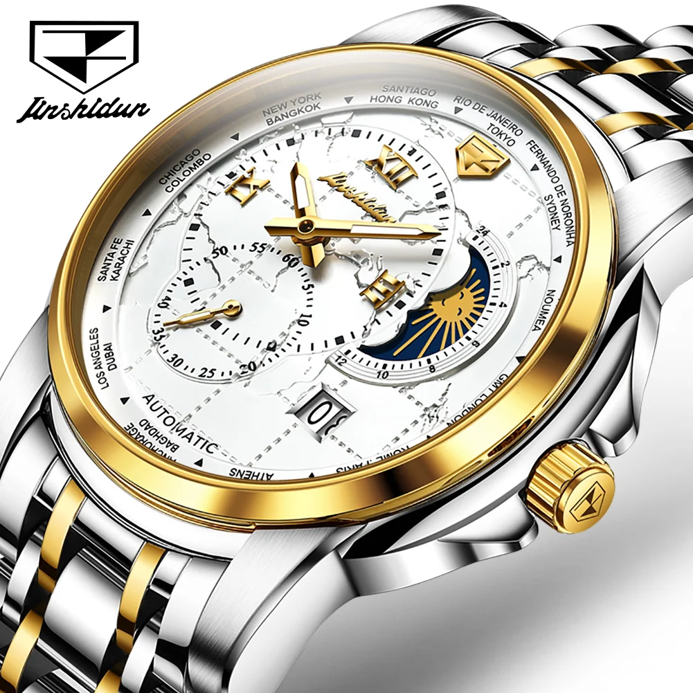 JSDUN Automatic Mechanical Watches for Men Multiple Time Zone Classic Business Watetproof Man Wristwatches New Moon Phase Watch jsdun automatic mechanical watches for men multiple time zone classic business watetproof man wristwatches new moon phase watch