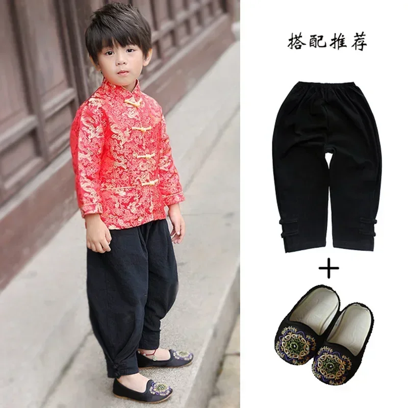 Chinese New Year Clothes for Kids Spring Costumes Baby Boys Tang Suit Clothes Satin Coat Dragon Printing Tops Pants Wushu Set