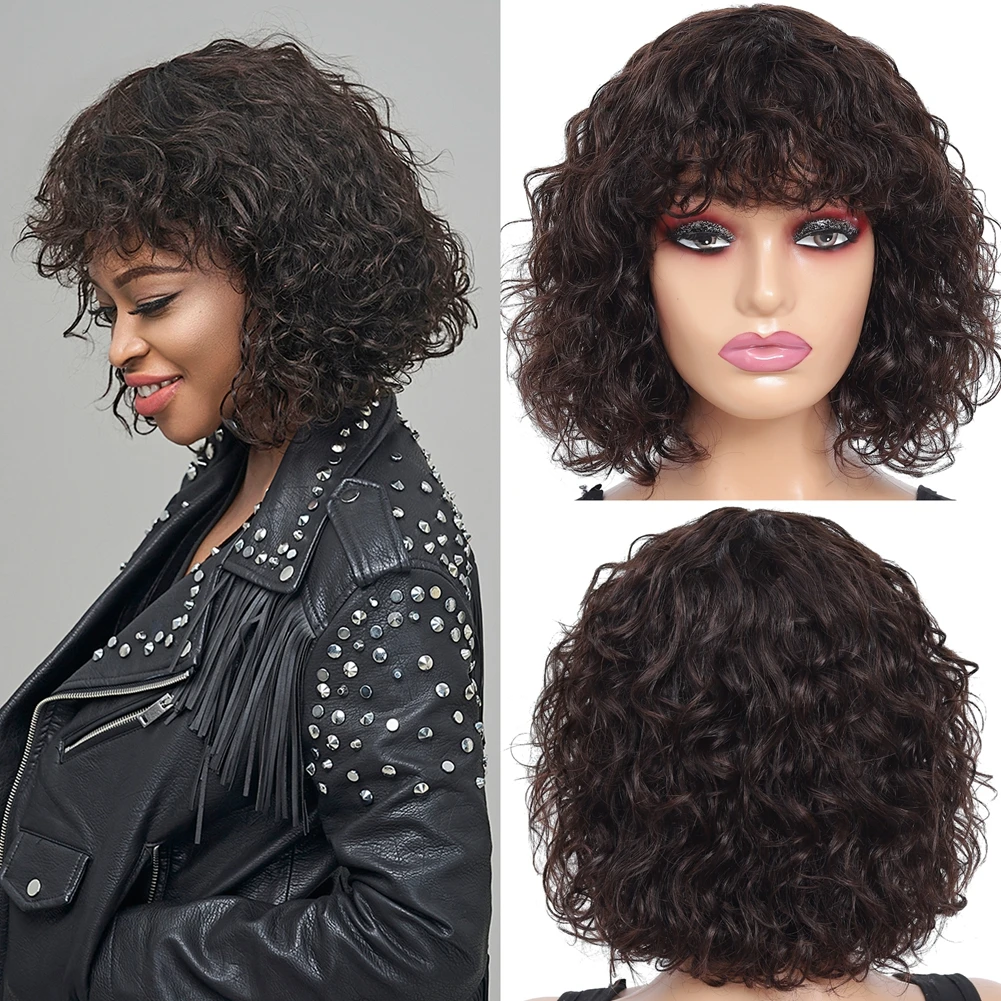 

Brazilian Curly Human Hair Wigs With Bangs Short Bob Wigs Human Hair Glueless Water Wave Full Machine Made Wigs for Black Women