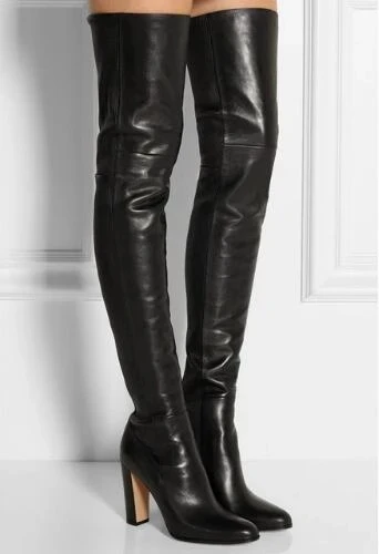 Bottes hautes en cuir noir uni, talon carré, bout rond, fermeture éclair, au-dessus du genou, chaussures d'automne, bottines de moto tendance pour femmes 1 Bottes hautes en cuir noir uni, talon carré, bout rond, fermeture éclair, au-dessus du genou, chaussures d'automne, bottines de moto tendance pour femmes 1