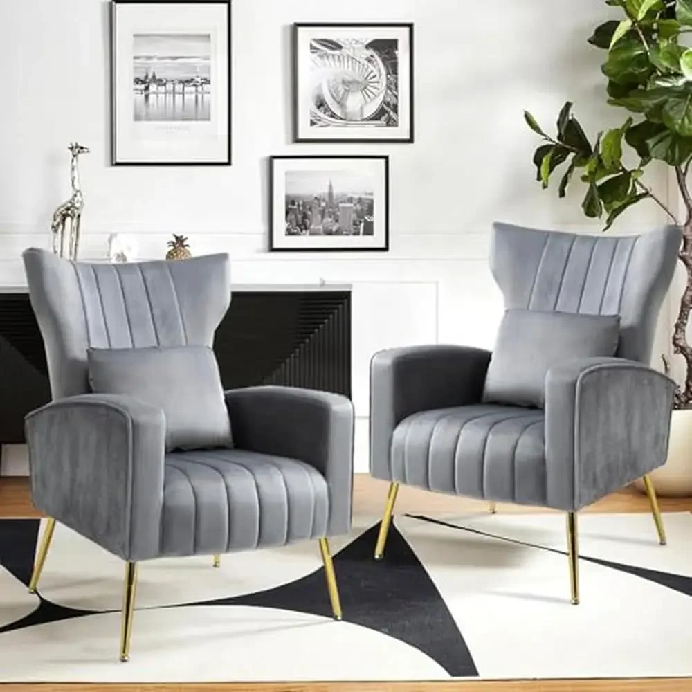 Accent Chairs Set of 2 with Wingback & Lumbar Pillow Velvet Upholstery Cozy Seating Mid-Century Style Living Room Bedroom Office