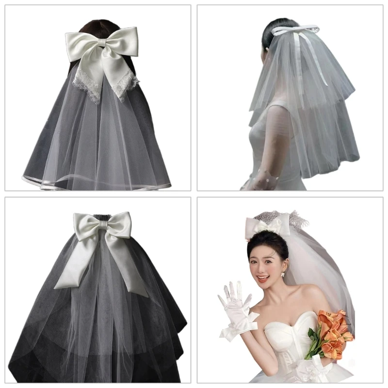 

Wedding Lace Veil Bride Tulles with Ribbon Bowknot Carnivals Party Elegant Veil
