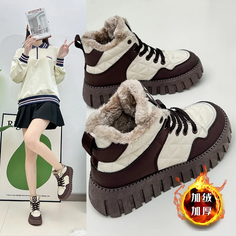 

Замшевые женские ботинки с высоким берцем, новинка зимы 2023, Спортивная Женская универсальная Повседневная хлопковая обувь на толстой подошве для студентов