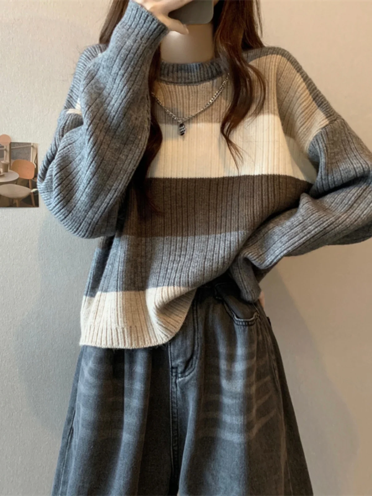

Осенне-зимний полосатый свитер с круглым вырезом, повседневный пуловер с длинным рукавом, вязаные топы, свободный Универсальный женский свитер