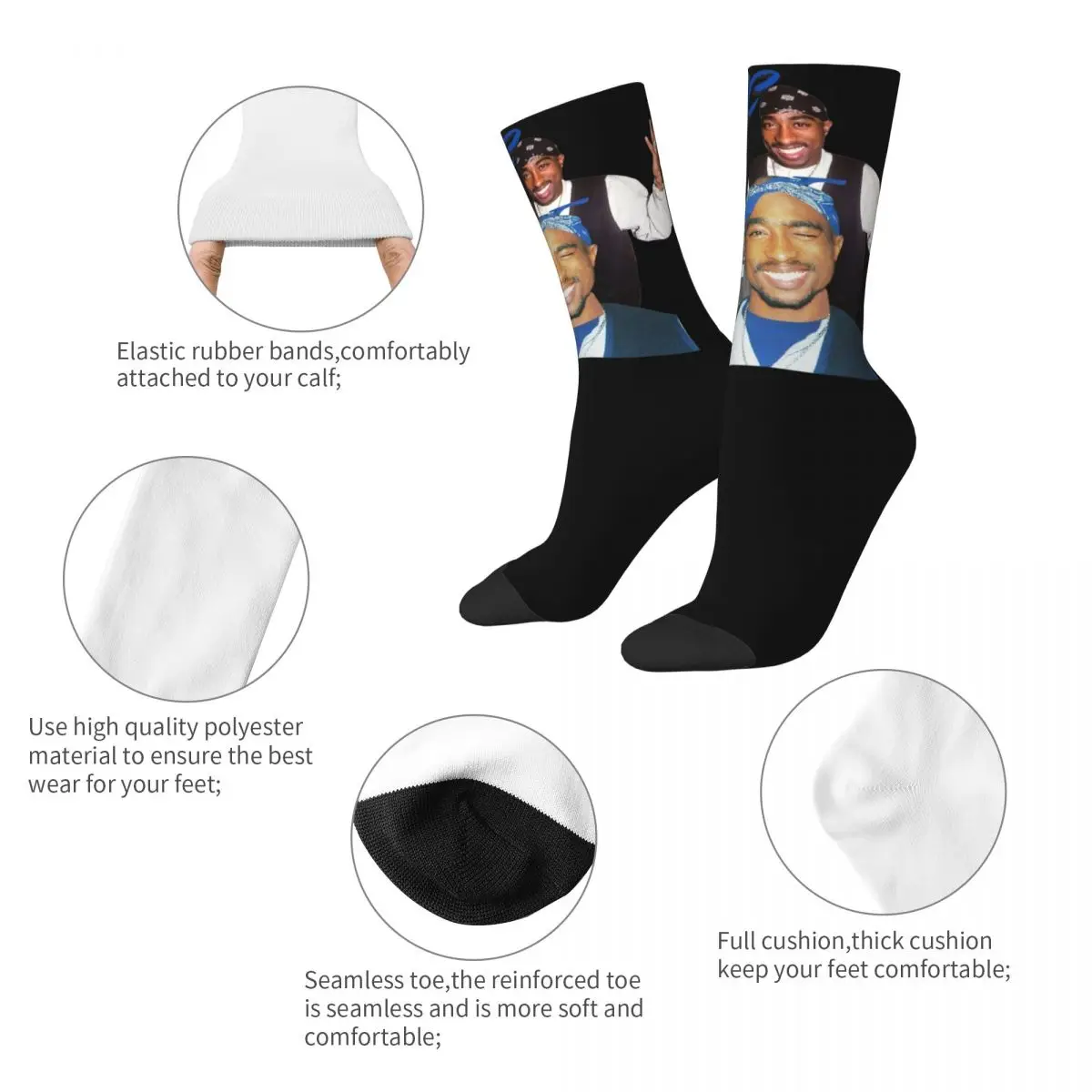 Novelty Men Women Socks Cool Rapper Tupac Design Product Warm 2 Pac 90s Retro Sport Socks All Seasons