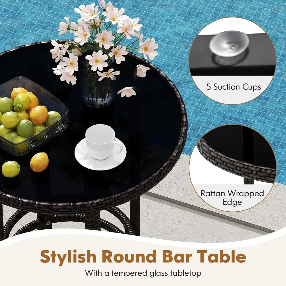 3-Piece Outdoor Bar Set - Patio Wicker Rattan Bar Height Barstools w/Cushions, Footrest, Round Glass Top Table, High Top Bistro 6