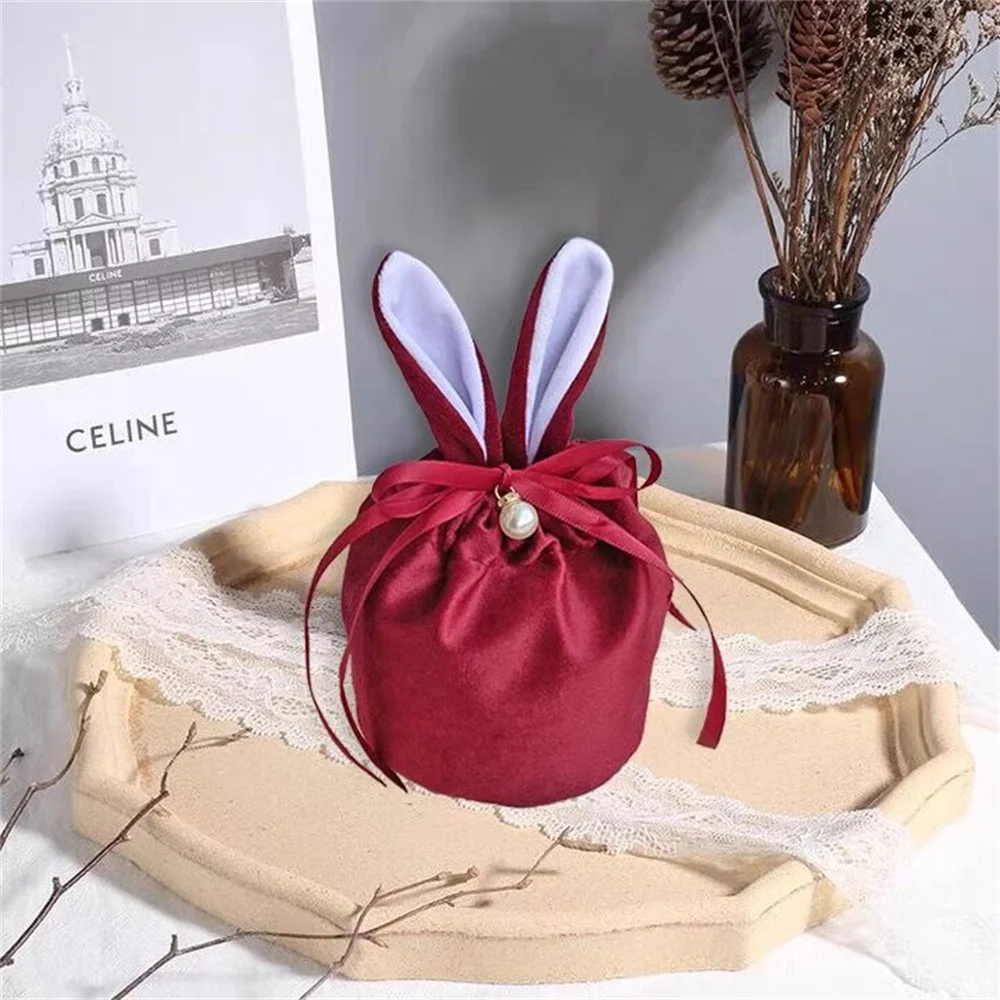 New Rabbit Ears Candy Bag Easter Drawstring Bag Velvet Draw String Candy Bags Gift Packing Bags Party Decoration Drop Shipping