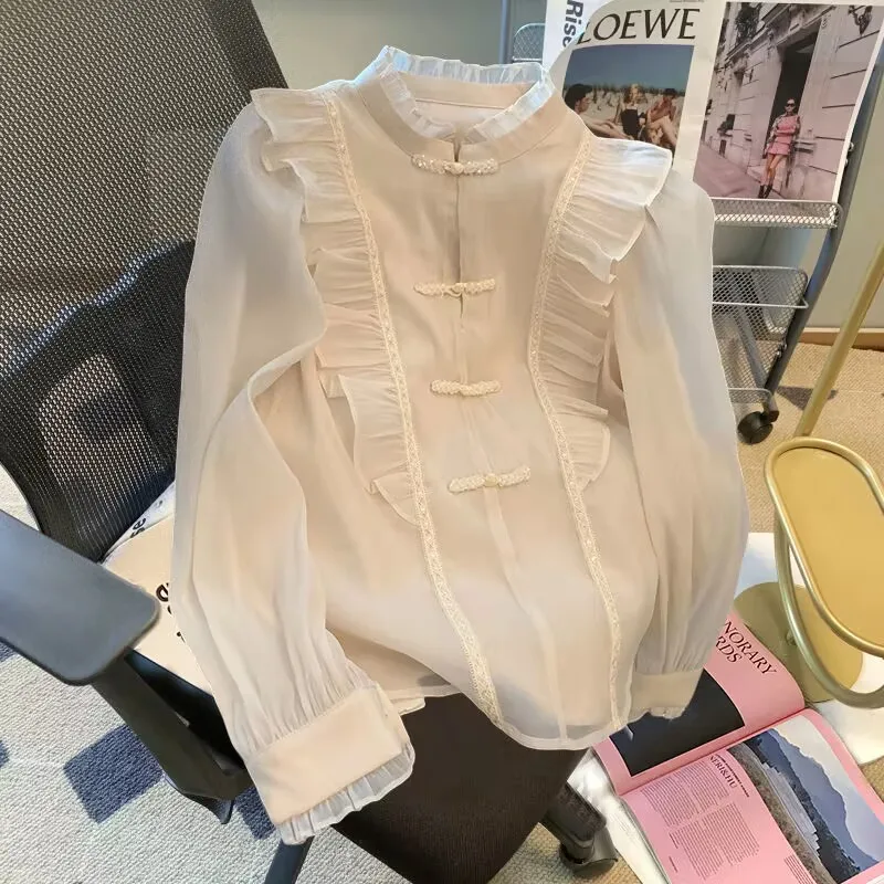 

Women Shirt Spring New Apricot Shirts Stand Collar Chic Loose Simple Long Sleeve Elegant Fashion All-match Sweet Chinese Style