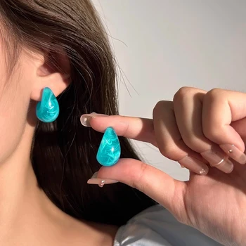 2025 New Stylish Women's C-shaped Stud Earrings Blue Enamel Water Drop Design Candy Color Lovely Wedding Jewelry aretes de mujer 1