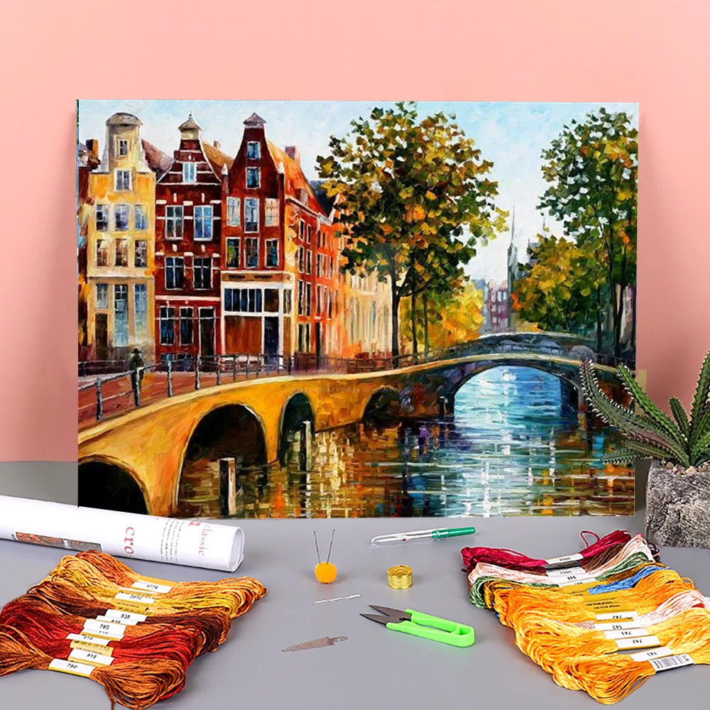 The Gateway To Amsterdam Bedruckte Leinwand 11CT Kreuzstich-Stickerei Komplettset DMC-Fäden Handgefertigter Handarbeitsschmuck – Detail 12