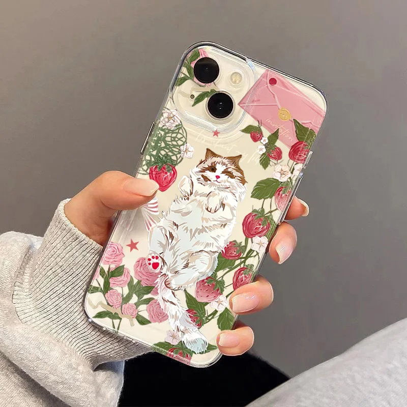 Korean Painted Cat Strawberry Case - Artistic Design Protective Phone Cover