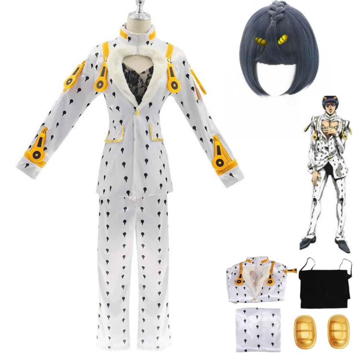 Anime Jojo Bizarre Adventure Golden Wind Bruno Buccellati Cosplay Costume Parrucca Stampa Bianca Uniforme Uomo Donna Halloween Suit