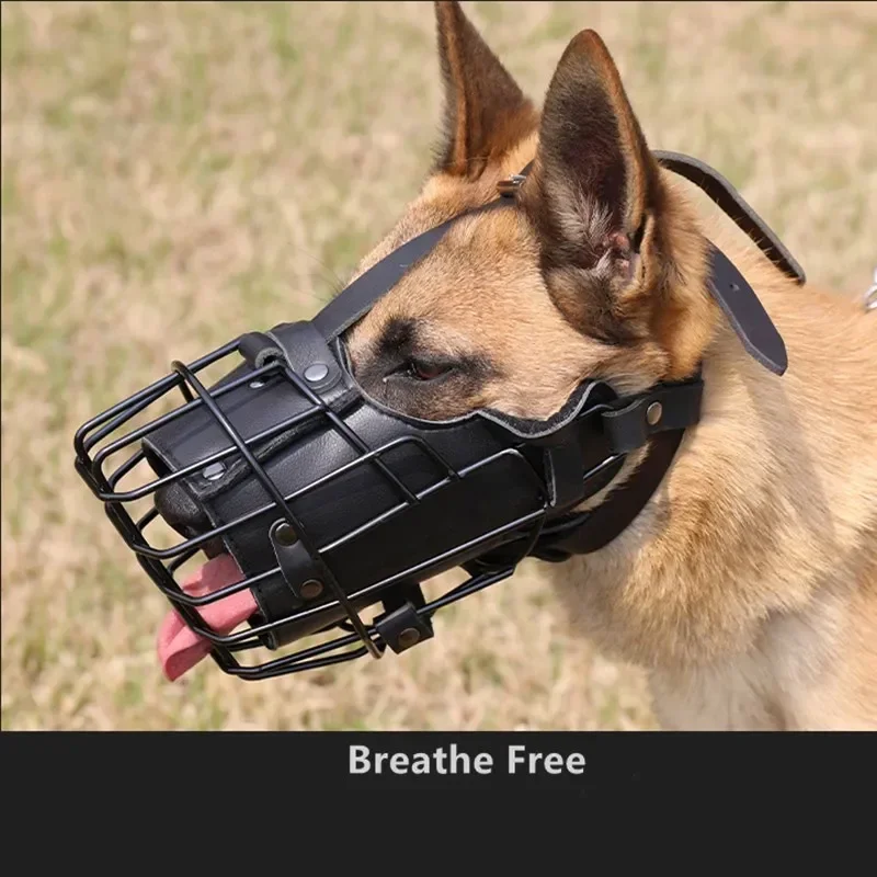 Anti-Bite Dog Mouth Cage Adjustable Metal Leather Mask German Shepherd Doberman Rottweiler Dog Training Muzzle Accessories