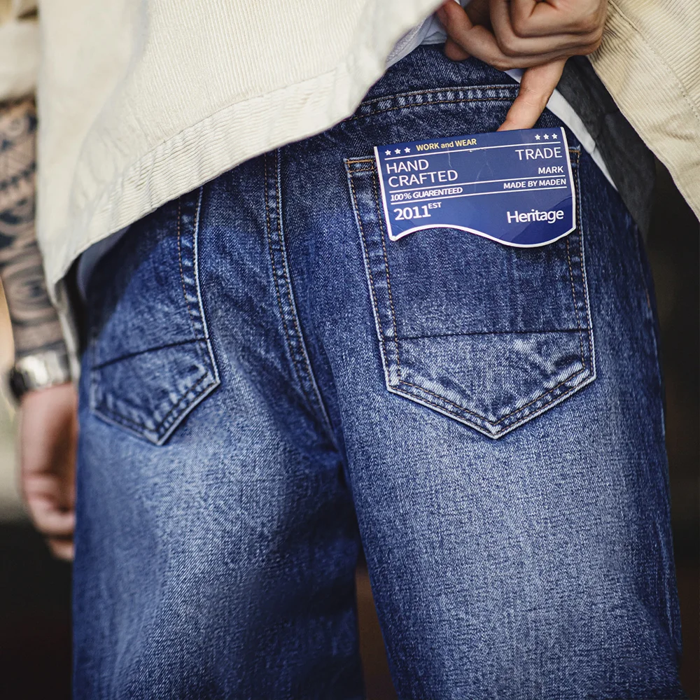 Men Maden Vintage 13.5oz Gradient Washed Denim Jeans Grinding White Straight Trousers Uncle Fu Regular Fit Pants Workwear
