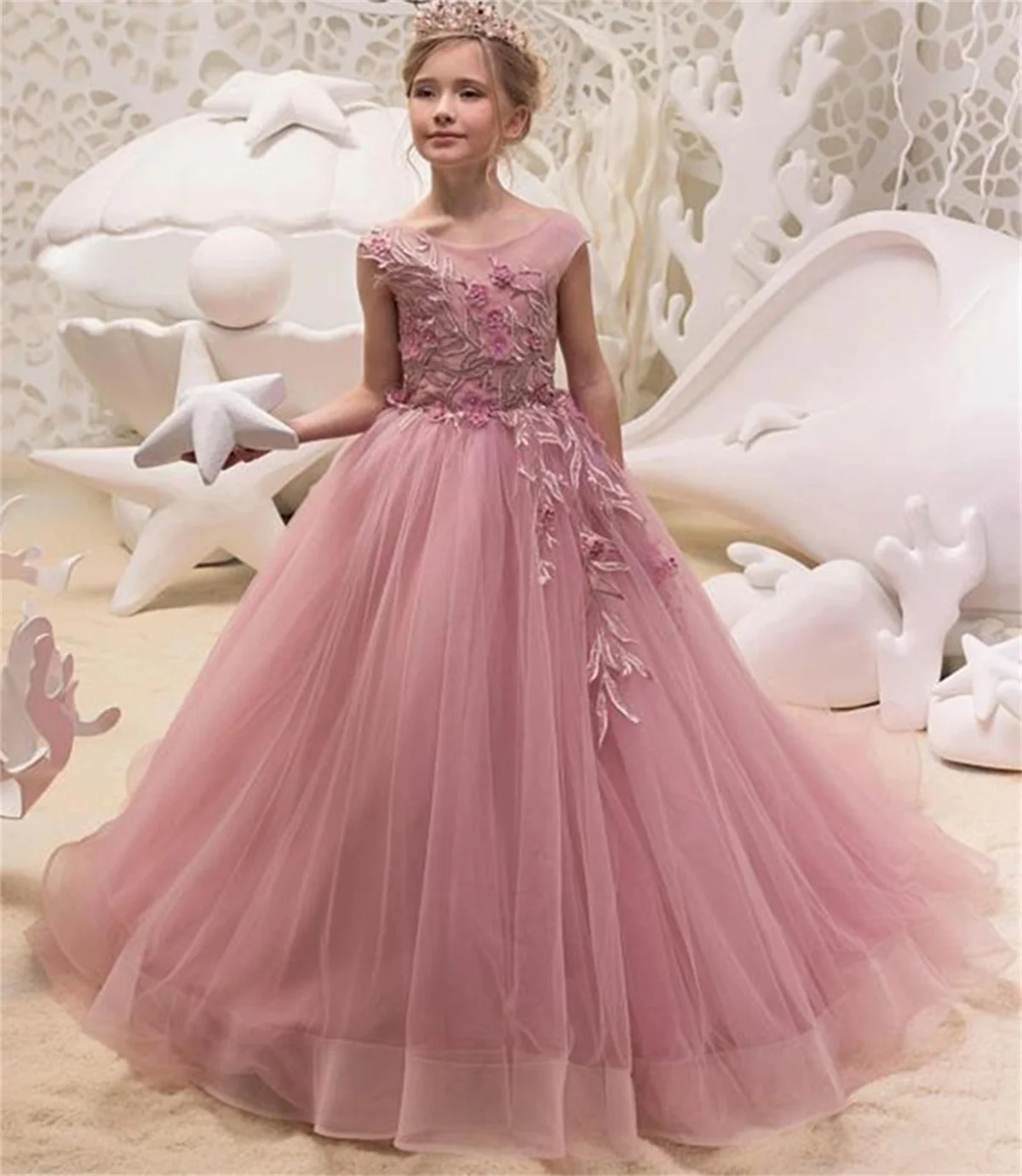

Flower Girl Dress Pink Lace Tulle Appliqued Beading Wedding Elegant Flower Child's First Eucharistic Birthday Party Dress