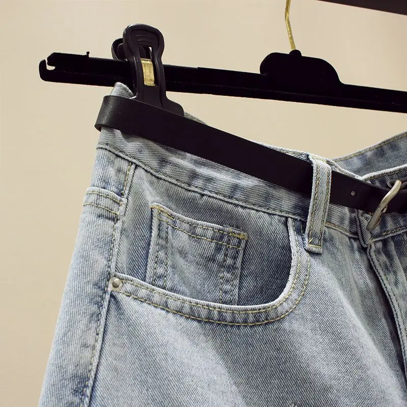 Women's 2024 Summer New Korean Loose Versatile Solid Color High Waist Button Patchwork Pocket Wide Leg Holes Casual Denim Shorts