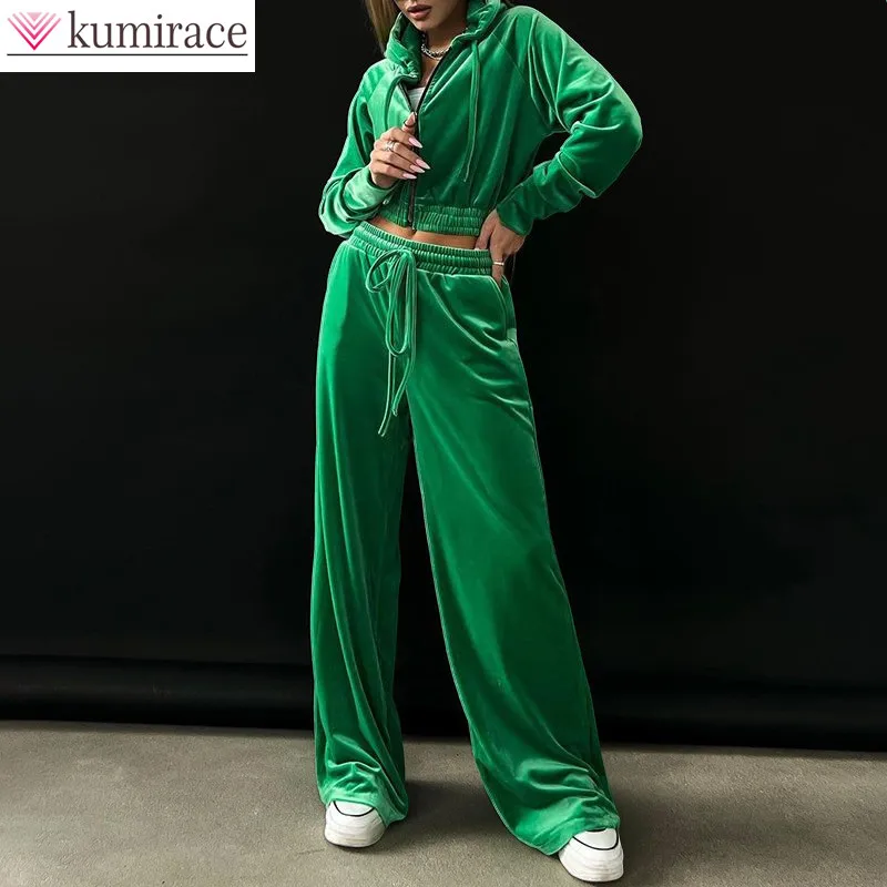 

2023 Spring New Golden Velvet Hoodie Jacket Casual Wide Leg Pants Two Piece Elegant Women's Pants Set Trucksuit Outfit