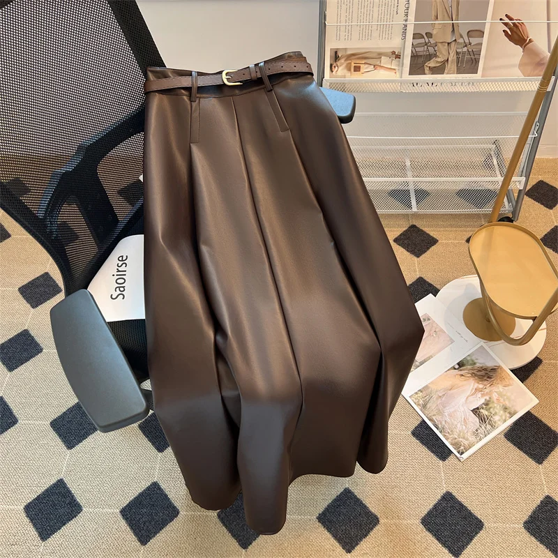 

Женская облегающая юбка средней длины, элегантная трапециевидная юбка из искусственной кожи с высокой талией, Осень-зима 2023