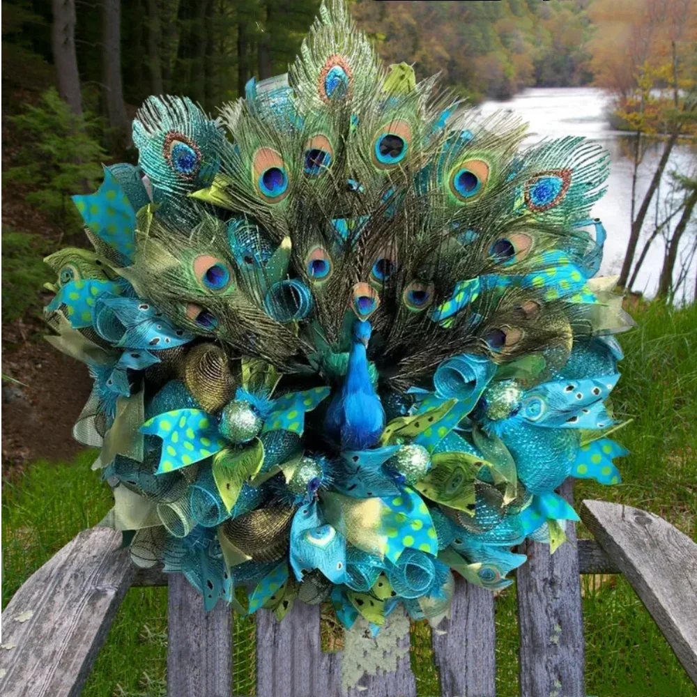 

2023 Gorgeous Peacock Wreath for Holiday Decorations Door Hanging Decoration Eye Catching Turquoise Wreath 40X40cm