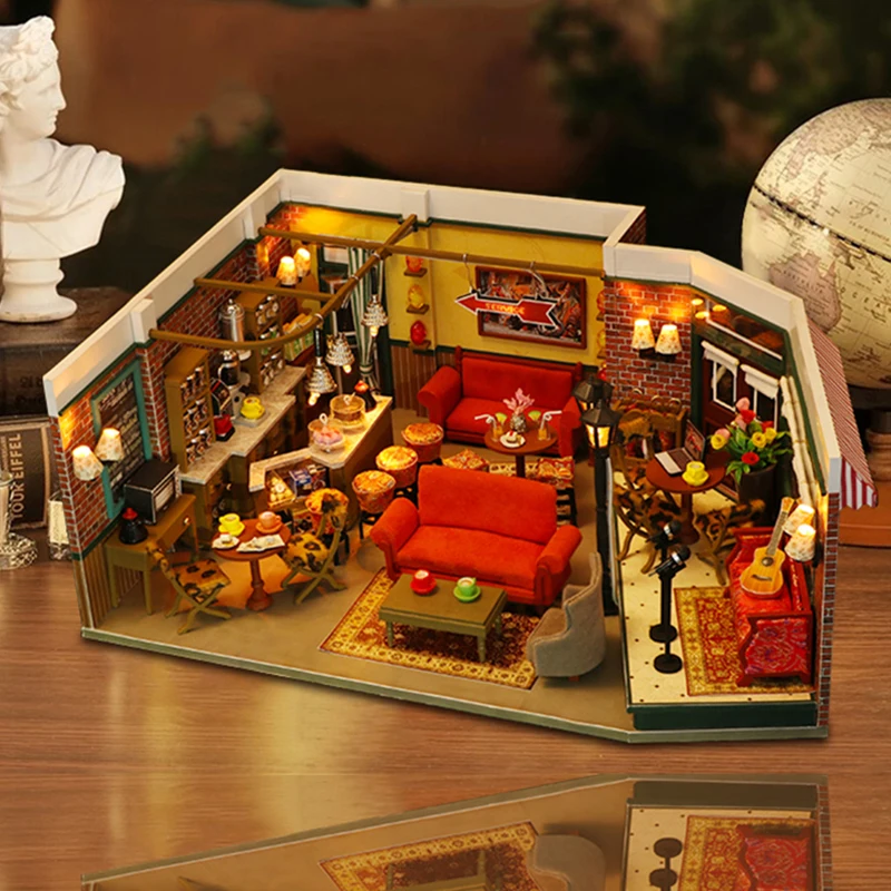 DIY Wooden Miniature Model Kit Friends Casa 3D Puzzle Monica‘s Room Villa Dollhouse With Furniture Lights Home Decor Gifts 4