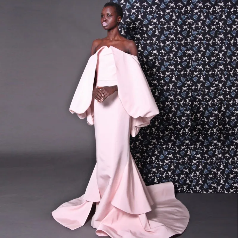 

Blush Pink Women Dresses Outfit Mermaid Floor Length Formal Dress Off The Shoulder Backless Prom Gowns Arm Covered Elegant