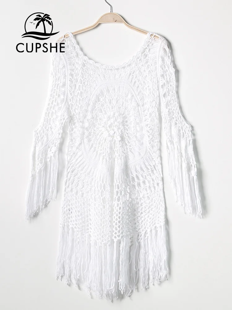 CUPSHE White Crochet Bikini Cover Up with Fringe Trim Women Sexy Hollow Tunic Beach Dress 2023 Summer Bathing Suit Beachwear