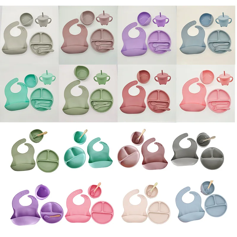Silicone Meal Set Silicone Feeding Set Baby Tableware Set 8pce Set Baby Complementary Food Training Suction Cups Bowls Supplies