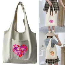 

Large Ladies Vest Bag Fashion Lip Print Portable Messenger Shoulder Canvas Bag Storage Groceries Foldable Shopping Bags