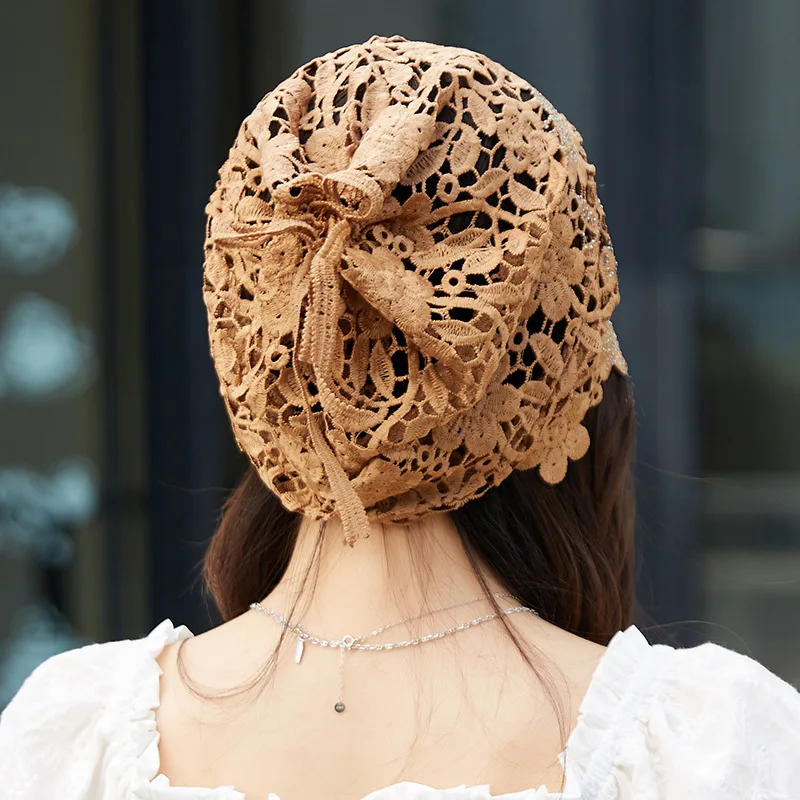 Beanies Hat Female Ethnic Style Flower Hat Hollow Single Layer Sleeve Cap Rhinestone Retro Women Dual-purpose Turban Hat Muslim 3