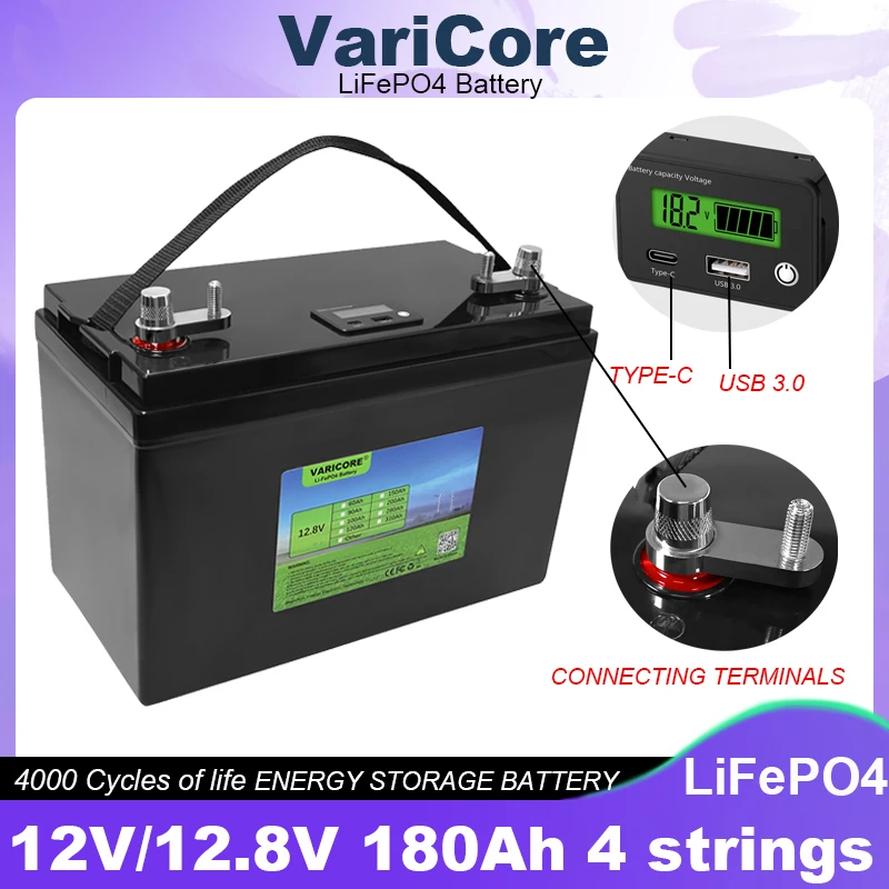 Produktbild von Lifepo4 Batterie 12V 180AH – Grade A Zellen, BMS, 10000+ Zyklen, 5 Jahre Garantie – Für Solar, Wohnmobil, Trolling Motor
