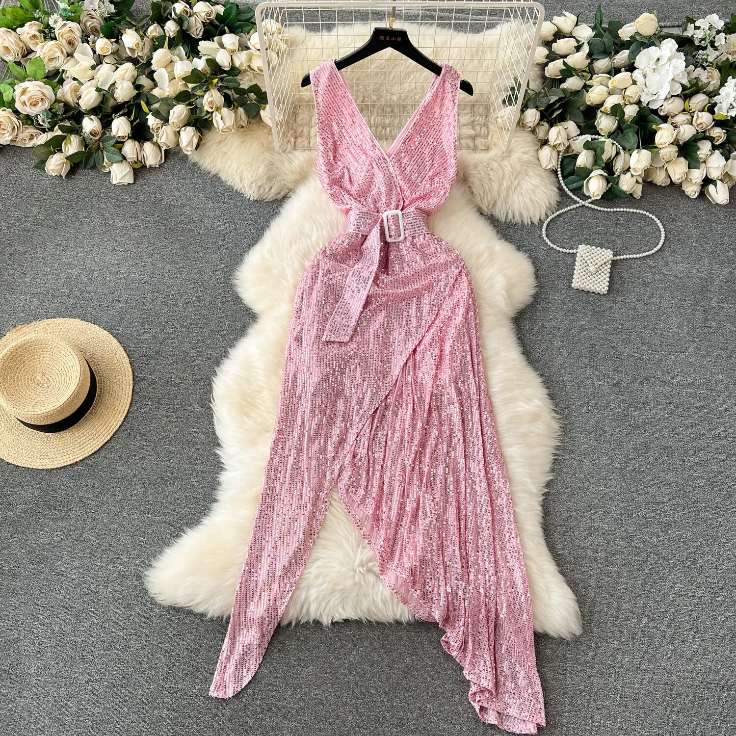 

Foamlina Women Sexy Pink Sequins Sparkling Evening Party Dress Elegant V Neck Sleeveless Belted Slim Irregular Club Maxi Dresses