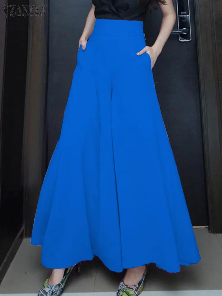 

ZANZEA Fashion Solid Femmes Palazzo Women Wide Leg Long Pants Large Pleated High Waisted Pantalon Casual Loose Autumn Trousers