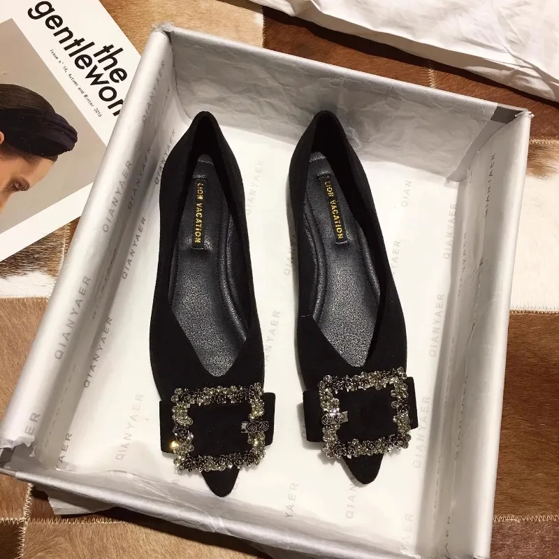 Pointed Flat Shoes for Women's Spring Summer New Shallow Cut  Suede Soft Sole Black Women's Shoes Ladies Large Size 44 6