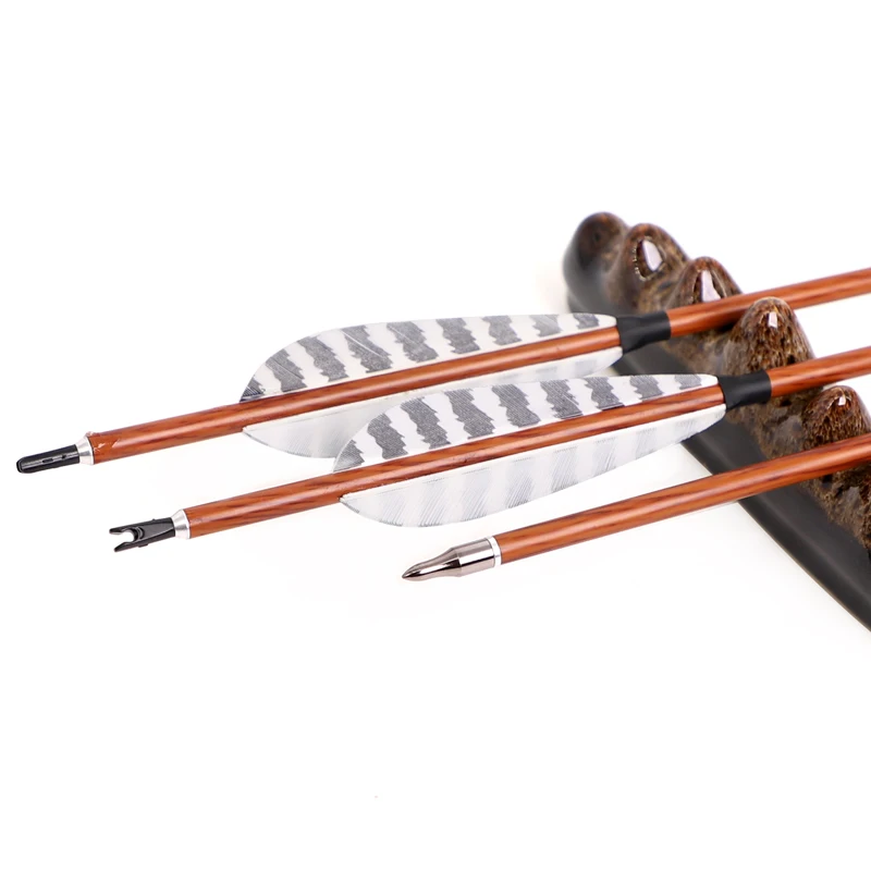 12PCS SP400 32" Pure Carbon Arrows Archery Wood Skin Nock Compound Bow Hunting 