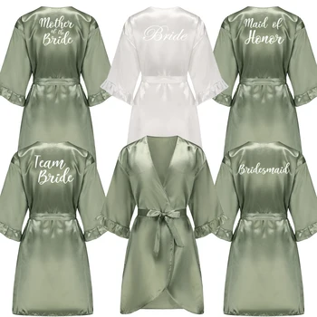 Grass Green Bride Satin-Silk Robe Women Bridal Party Sister Team Mother Shower Gift Bridesmaid Wedding Short Robes with Ruffle