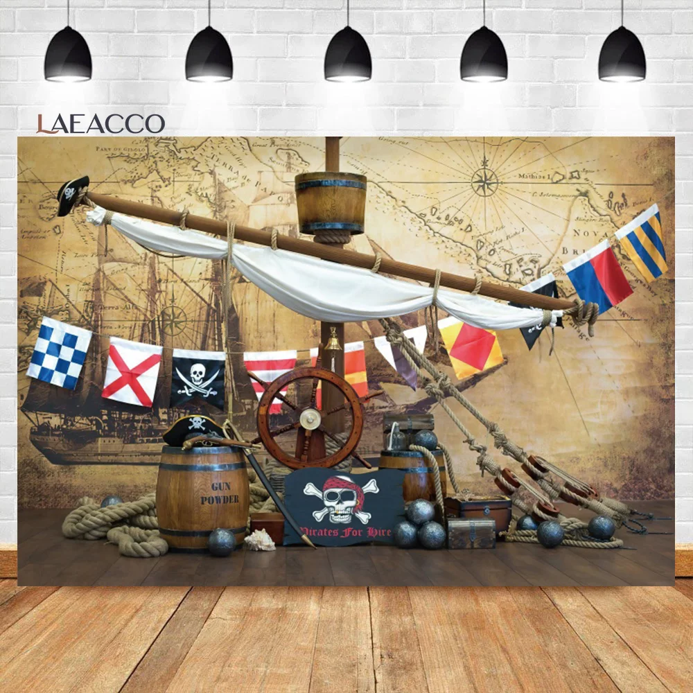 Birthday Photography Backdrops Pirate Ship Treasure Map Fishes Skull Baby Shower Backgrounds Newborn Photozone
