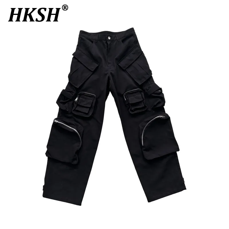 

HKSH Men's Tide Chic Dark Niche Design Multiple Pockets Zippers Straight Loose Fitting Wide Leg Techwear Cargo Pants Vibe HK0615
