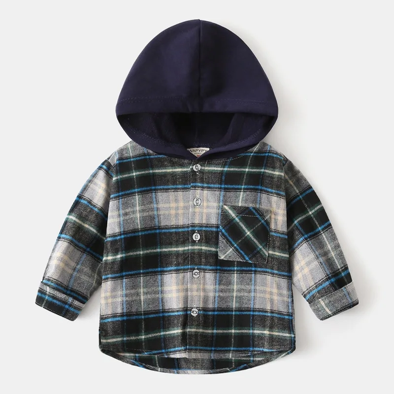 Autumn children's clothing long-sleeved shirts boys' hooded plaid shirts baby tops kids costumes