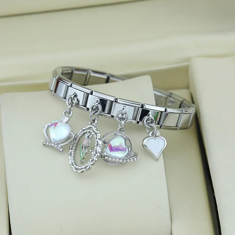 Charm Bracelet Hapiship Daisy Flower Crown Heart Moon Planet CZ Italian Charm Fit 9mm Bracelet Stainless Steel Jewelry Making DJ599