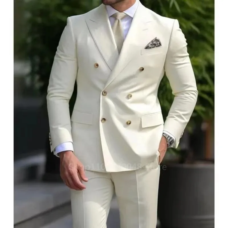 Men's Solid Formal Business Wedding Groom Suits 2-Piece Set Peak Lapel Double Breasted Blazer Trousers Set for Party Prom