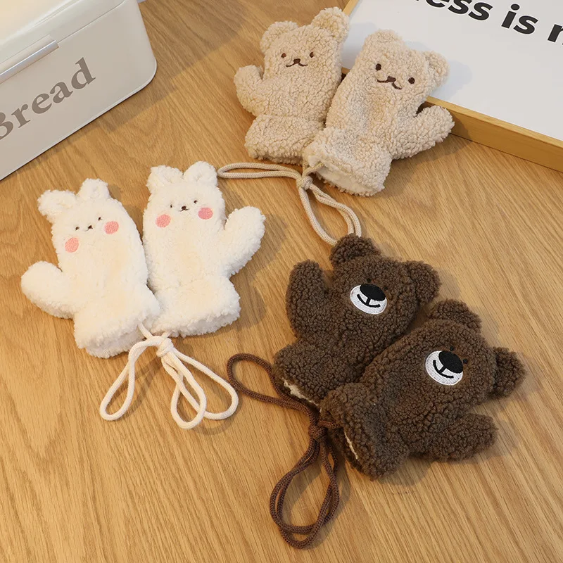 2-6 Years Children Lamb Wool Neck Hanging Gloves Autumn Winter Thick Warm Cute Cartoon Boys Girls Baby Mittens Kids Accessories