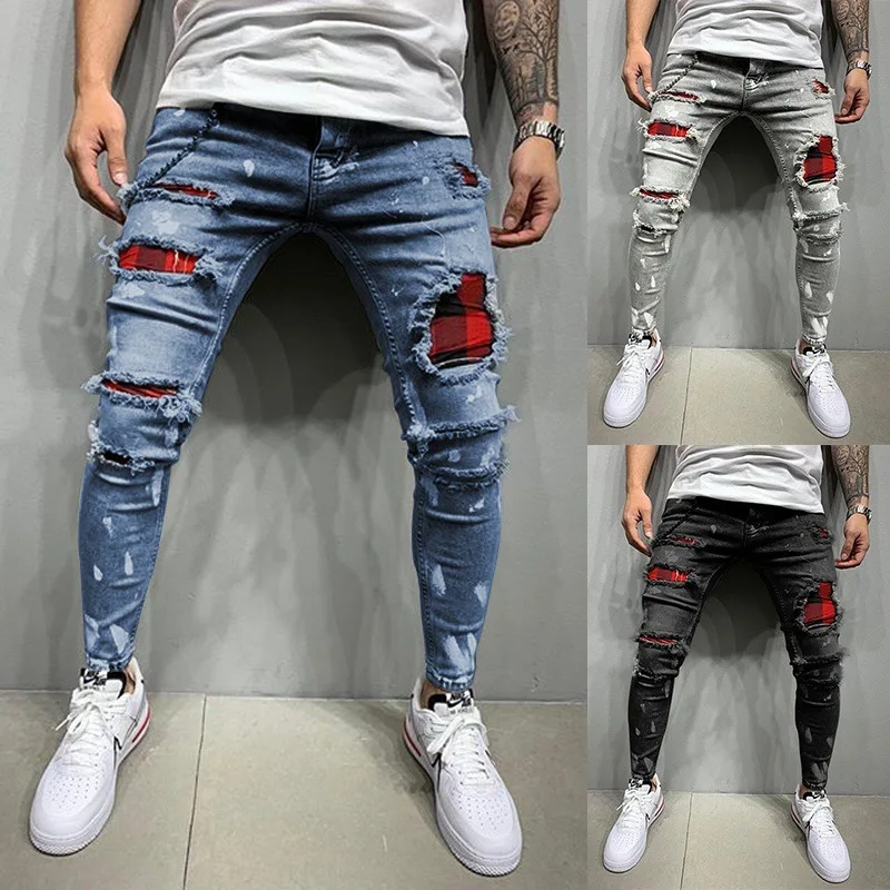 

Новинка Зима 2023, мужские эластичные однотонные облегающие брюки на молнии со средней талией, маленькие штаны, новые мужские джинсы с рисунком