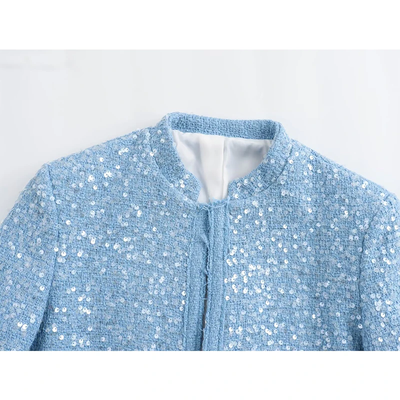 Casual Chic Women Jacket Blue Sequins O-Neck Short Coats New Fashion 2025 Autumn Holiday Elegant Jackets Long Sleeve Outerwear