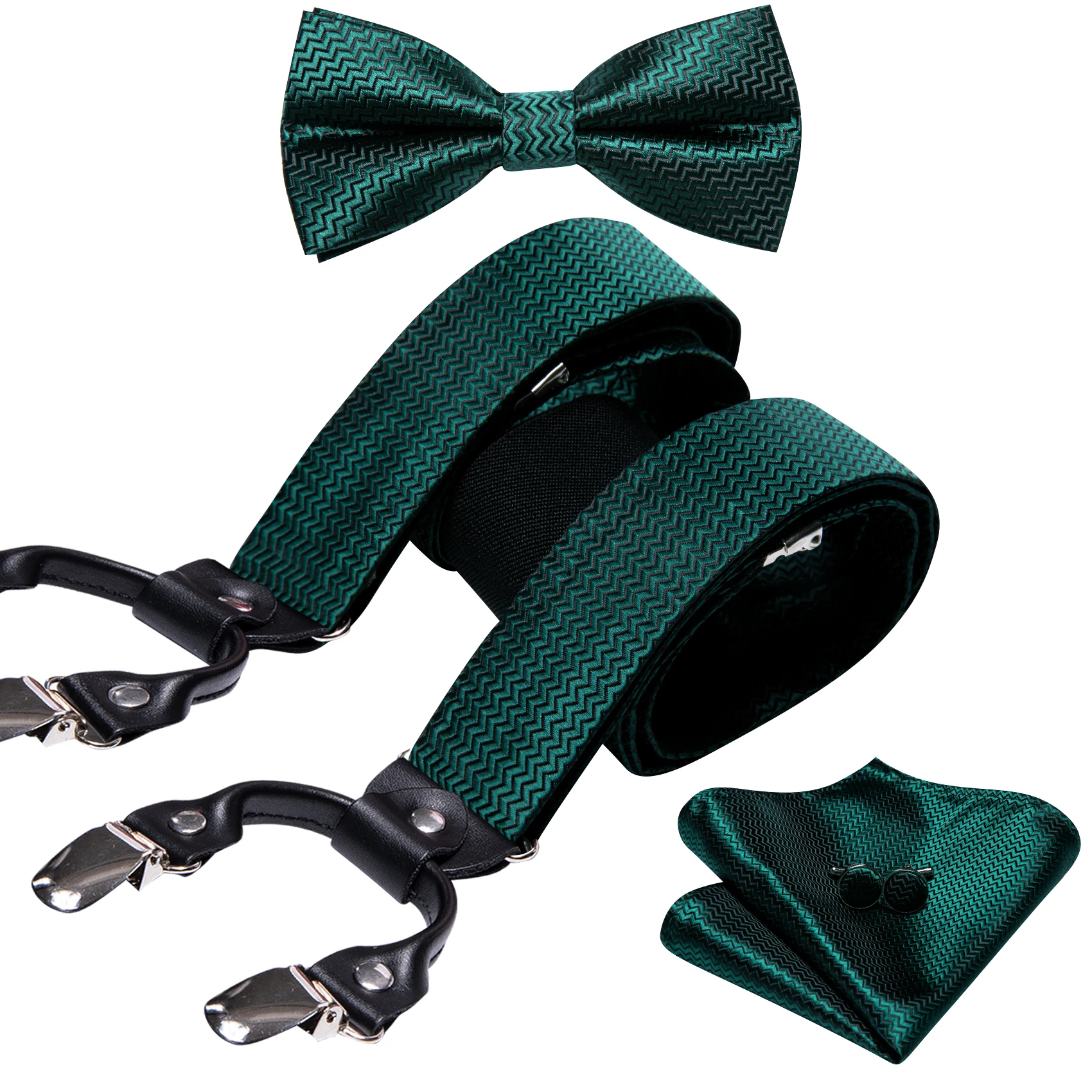 Barry.Wang Burgundy Black White Silk Mens Suspender Adjustable 6 Clips Jacquard Braces Bowtie Hanky Cufflinks Set Silver Gold